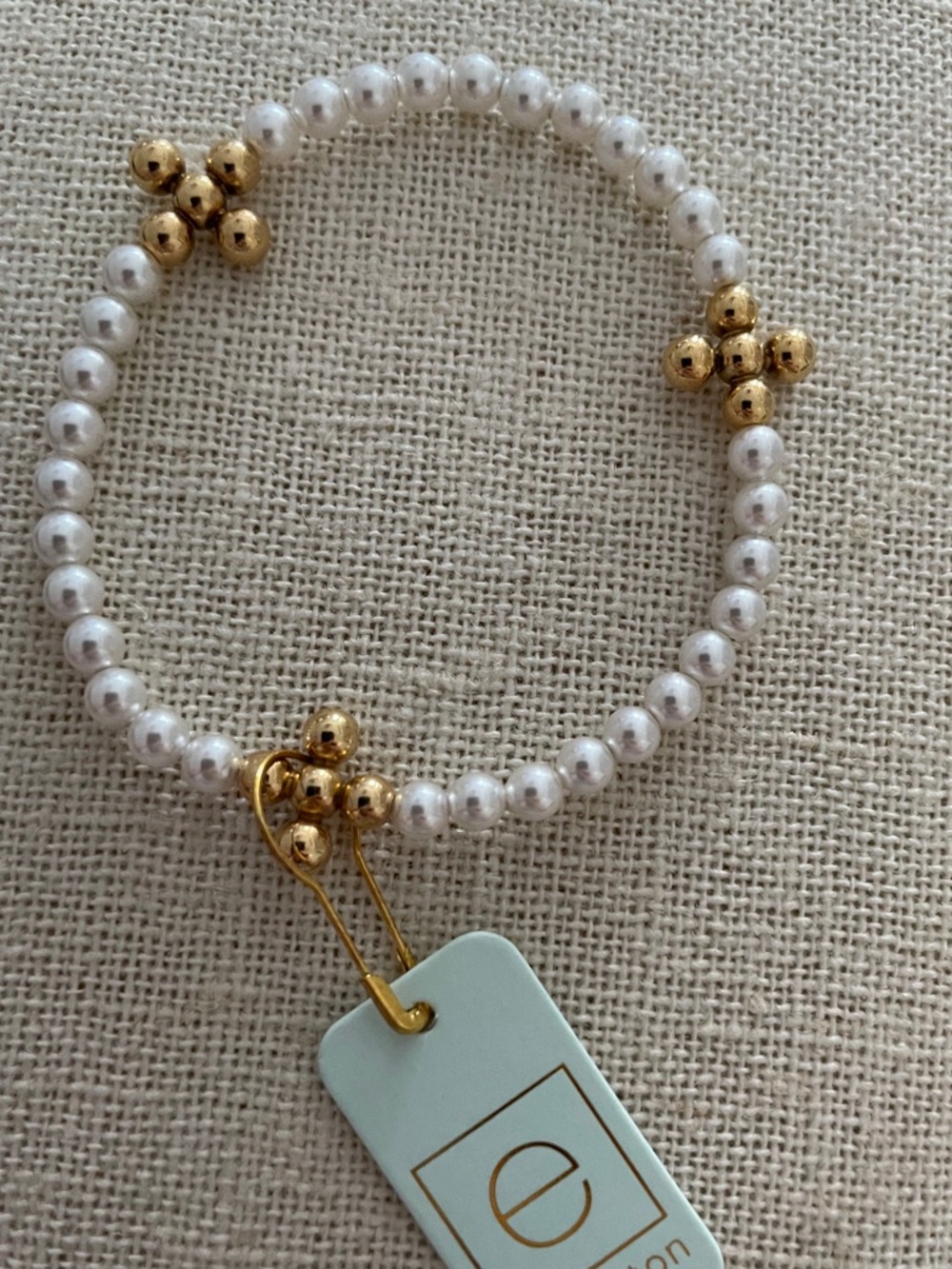 ENewton  White Pearl & 4mm Gold Bead Signature Cross Bracelet NWT